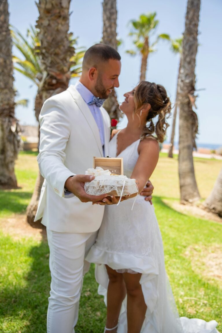 A happy couple sharing a special moment during their outdoor wedding in Spain.